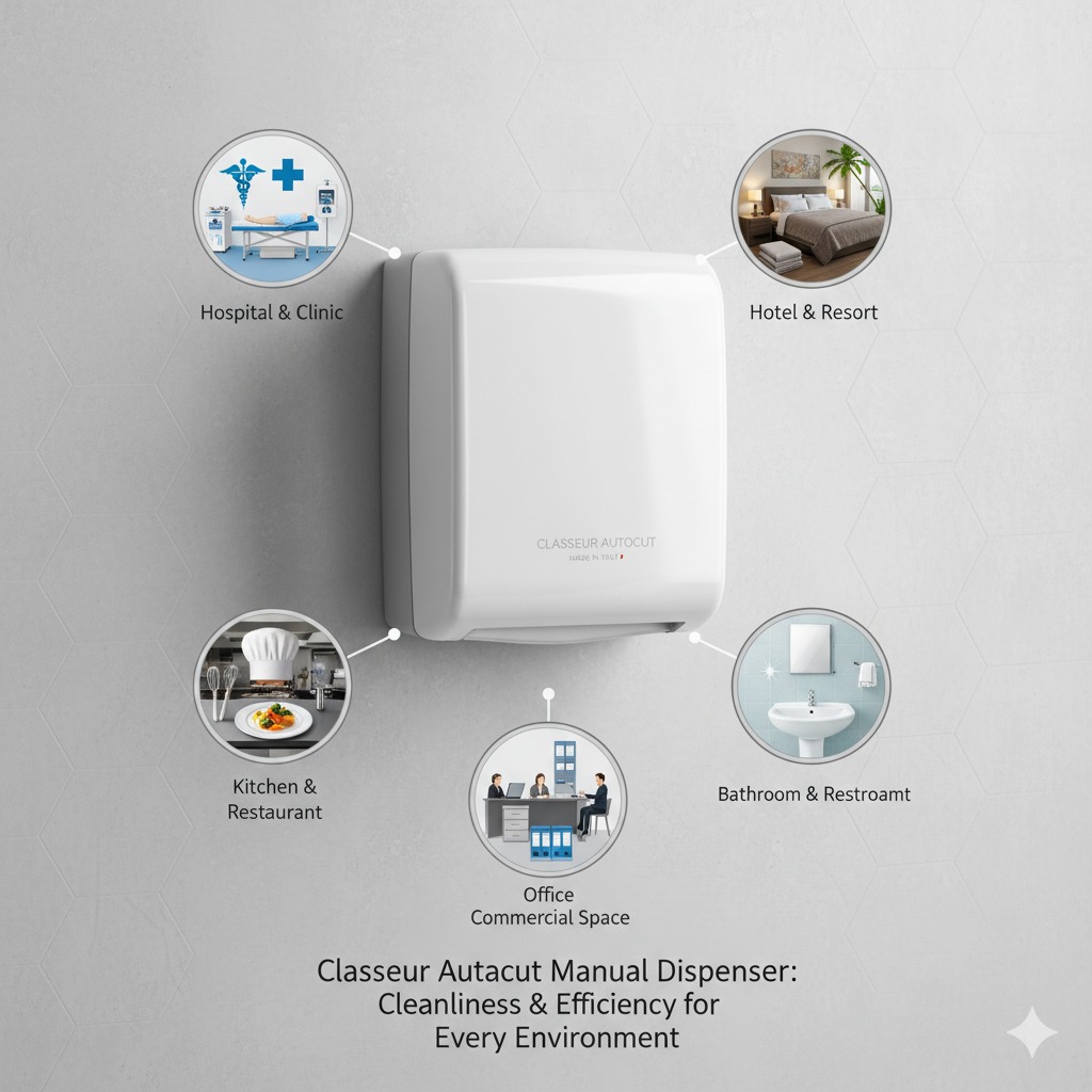 Classeur Autocut Manual Dispenser is ideal for: Hospitals & Clinics Hotels & Resorts Kitchens & Restaurants Bathrooms & Restrooms Offices & Commercial Spaces