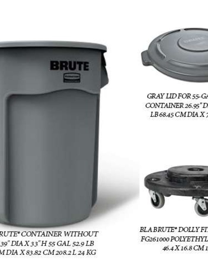 Rubbermaid BruteTrash container, 55 gallon capacity, round top, with two handles, lid, and Dolly